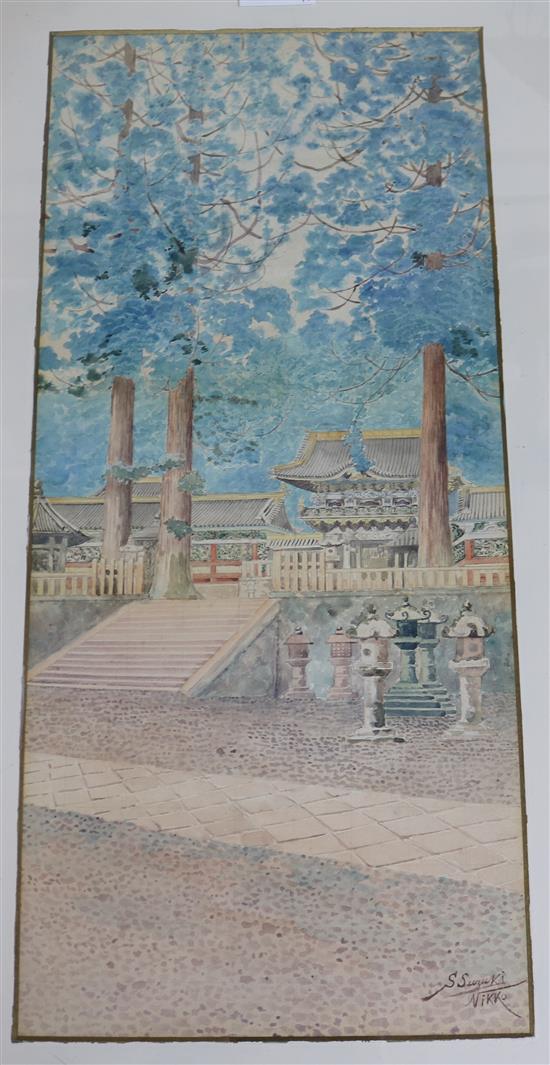 S. Suzuki and M. Kawakuba, two watercolours, View of temples at Nikko, 50 x 23cm and 22 x 30cm